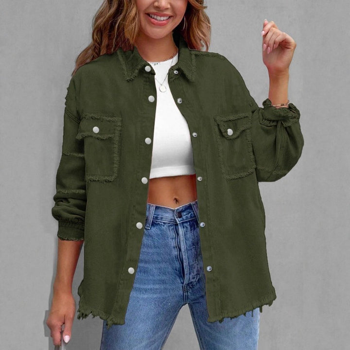 Women Casual Oversized Denim Shirt Jacket with Raw Hem and Patch Pockets Amarae