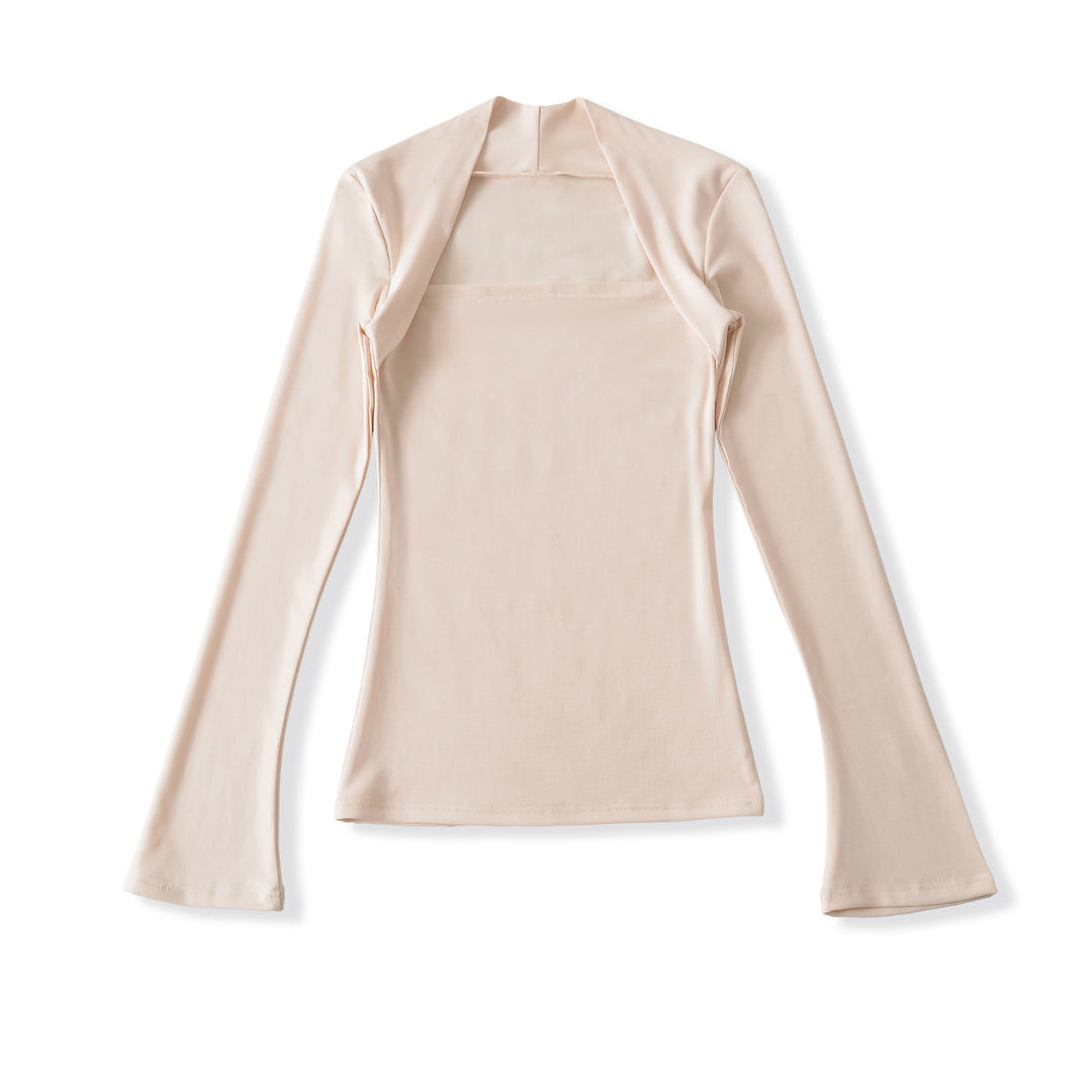 Women's fitted long-sleeve top with wide shawl collar and trumpet sleeves Amarae