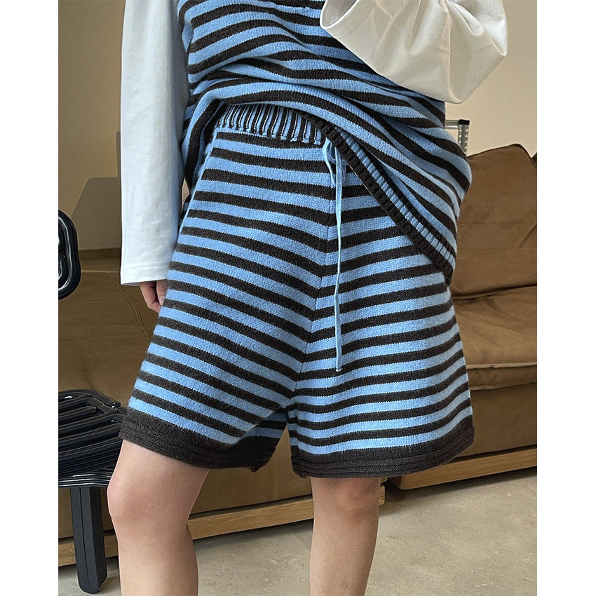 Women's Striped Knit Shorts with High Waist and Drawstring Amarae