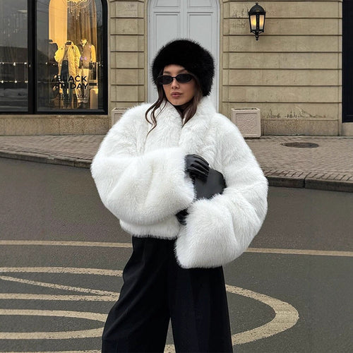 Women's Short Cozy Faux-Fur Bomber Jacket with Voluminous Shawl Collar and Boxy Silhouette Amarae