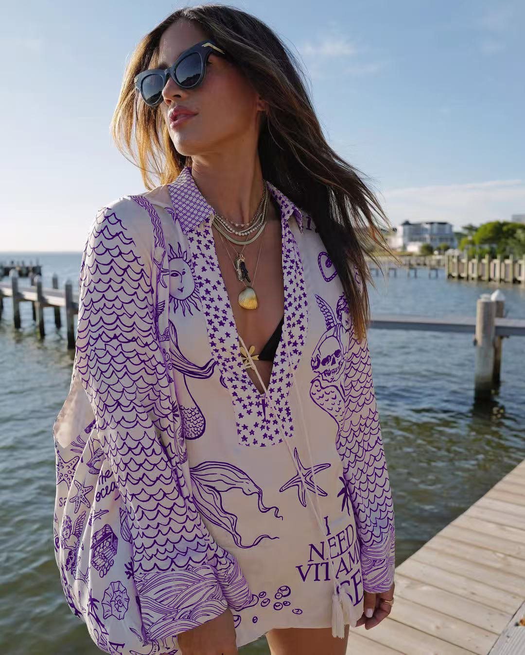 Casual beach blouse for women with an artistic nautical print and an elegant V neckline Lune London