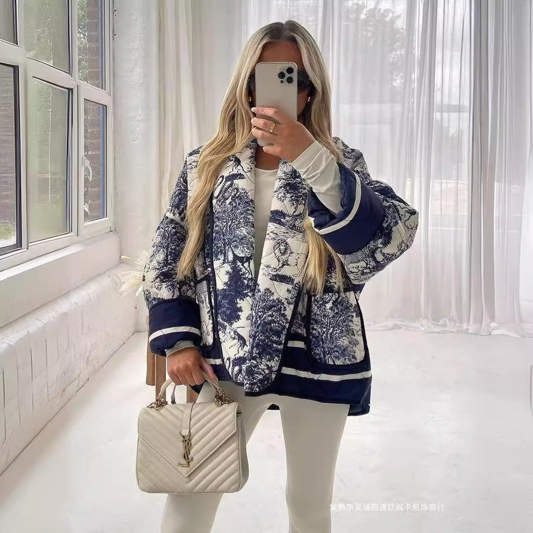 Ladies Elegant down jacket with traditional pattern and wide lapel Lune London