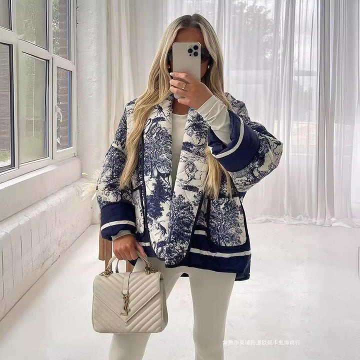 Ladies Elegant down jacket with traditional pattern and wide lapel Lune London