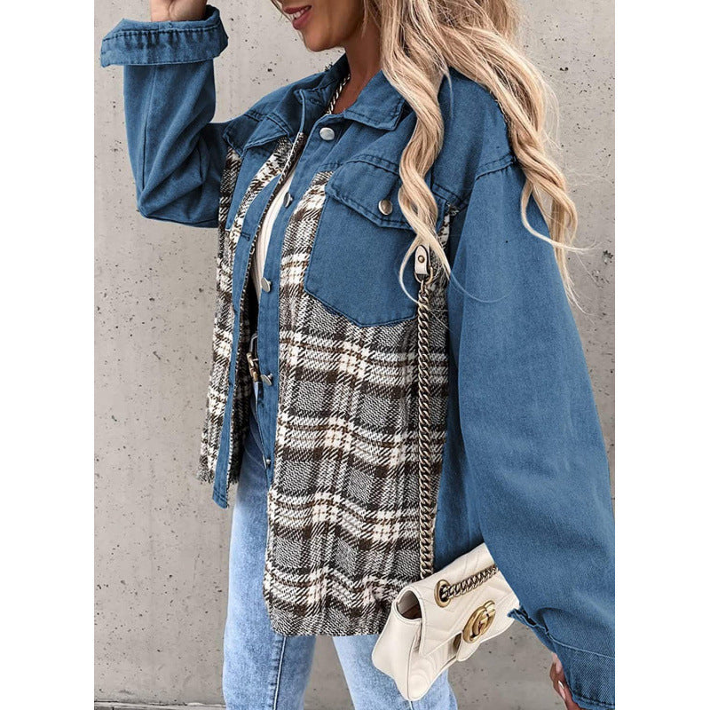 Tartan pattern denim jacket for women with a relaxed fit and modern details Lune London