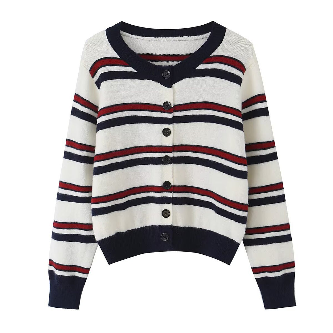 Women Striped Short Cardigan with Round Neck, Button Placket and Ribbed Cuffs Amarae