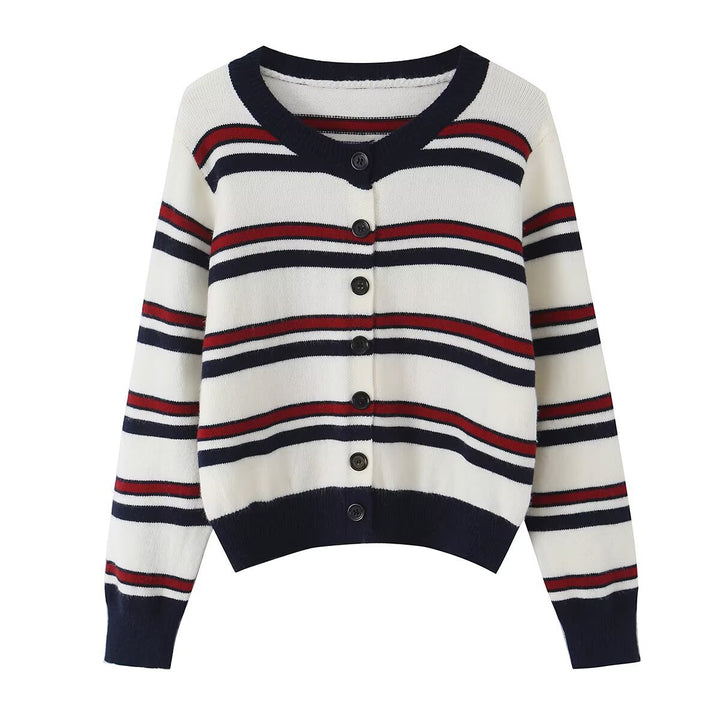 Women Striped Short Cardigan with Round Neck, Button Placket and Ribbed Cuffs Amarae