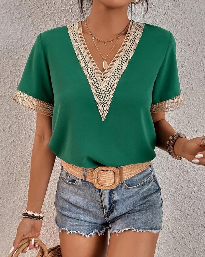 Elegant V-neck blouse with lace for women Lune London