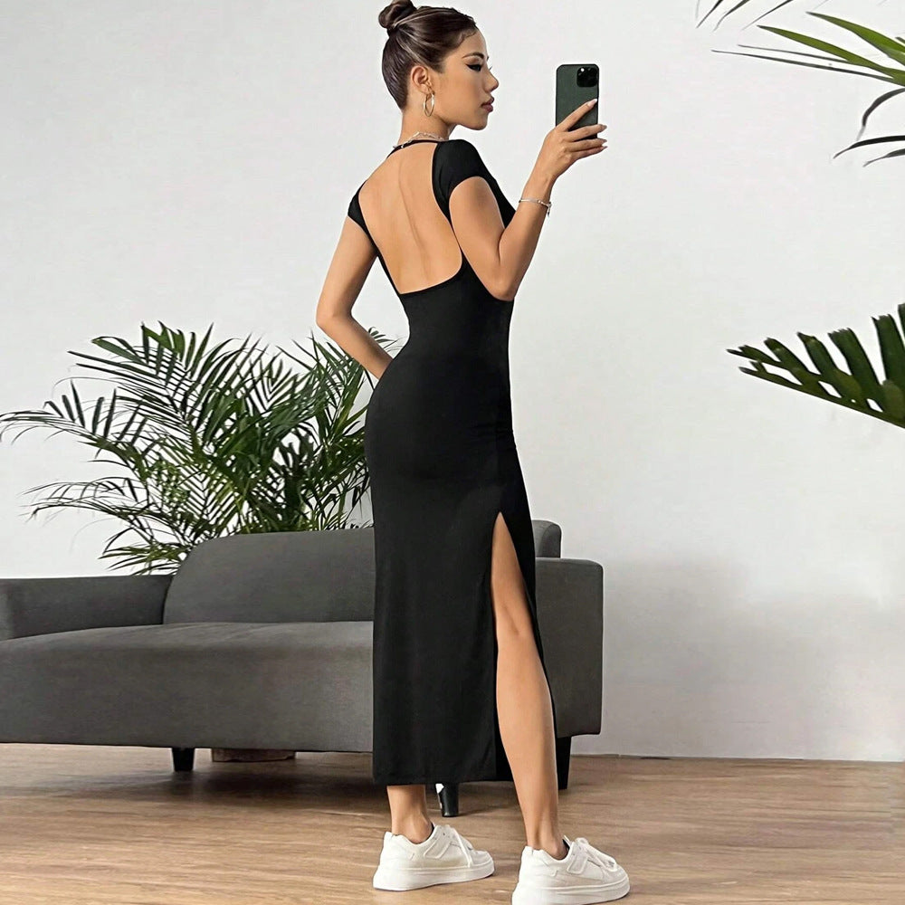 Robe maxi femme en jersey extensible avec une coupe ajustée et un col rond Chic & Stil