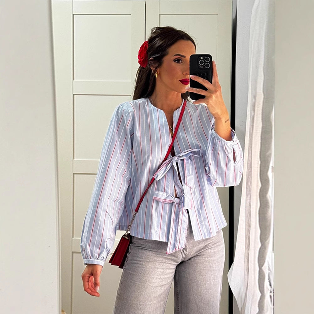 Women's Striped Tie Blouse with Bow Front, V-Neck & Balloon Sleeves Amarae