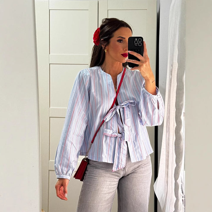 Women's Striped Tie Blouse with Bow Front, V-Neck & Balloon Sleeves Amarae
