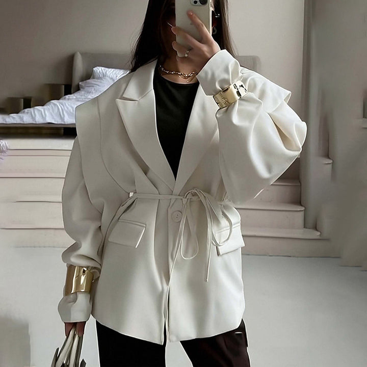 Ladies Tailored Wrap Blazer with Shoulder Pads and Tying Belt Amarae