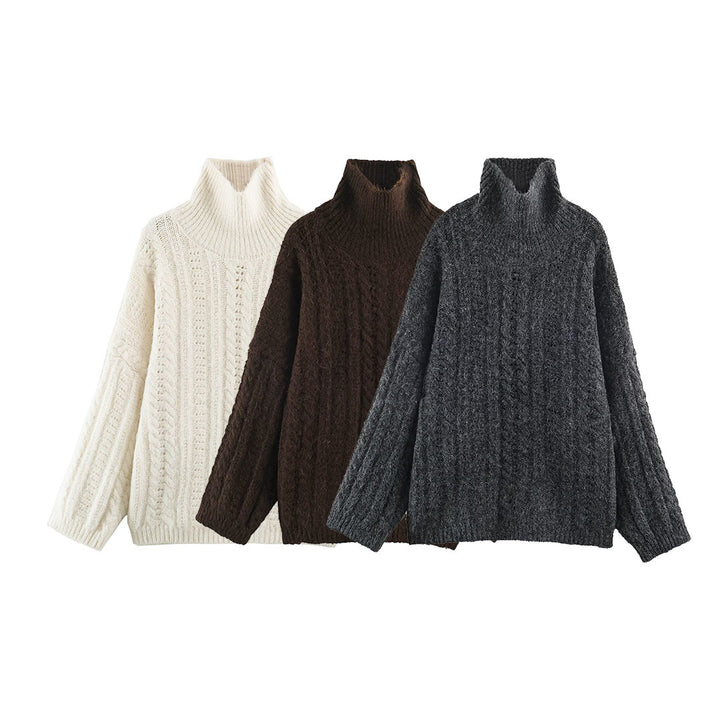 Women's Chunky Knit Oversized Sweater with High Turtleneck and Cable Pattern Amarae