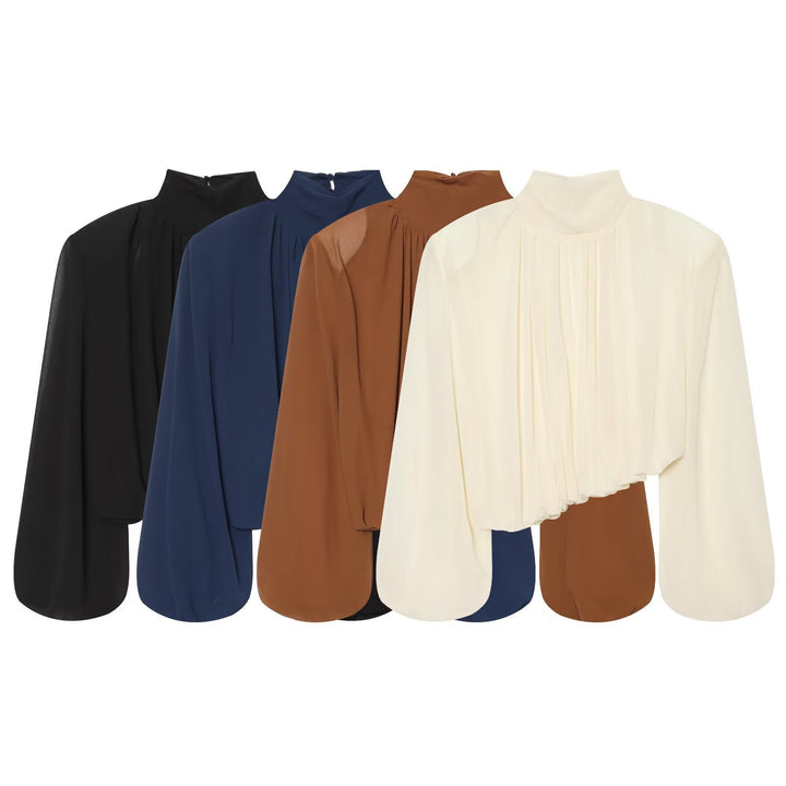 Ladies Pleated Blouse with Stand Collar and Balloon Sleeves Amarae