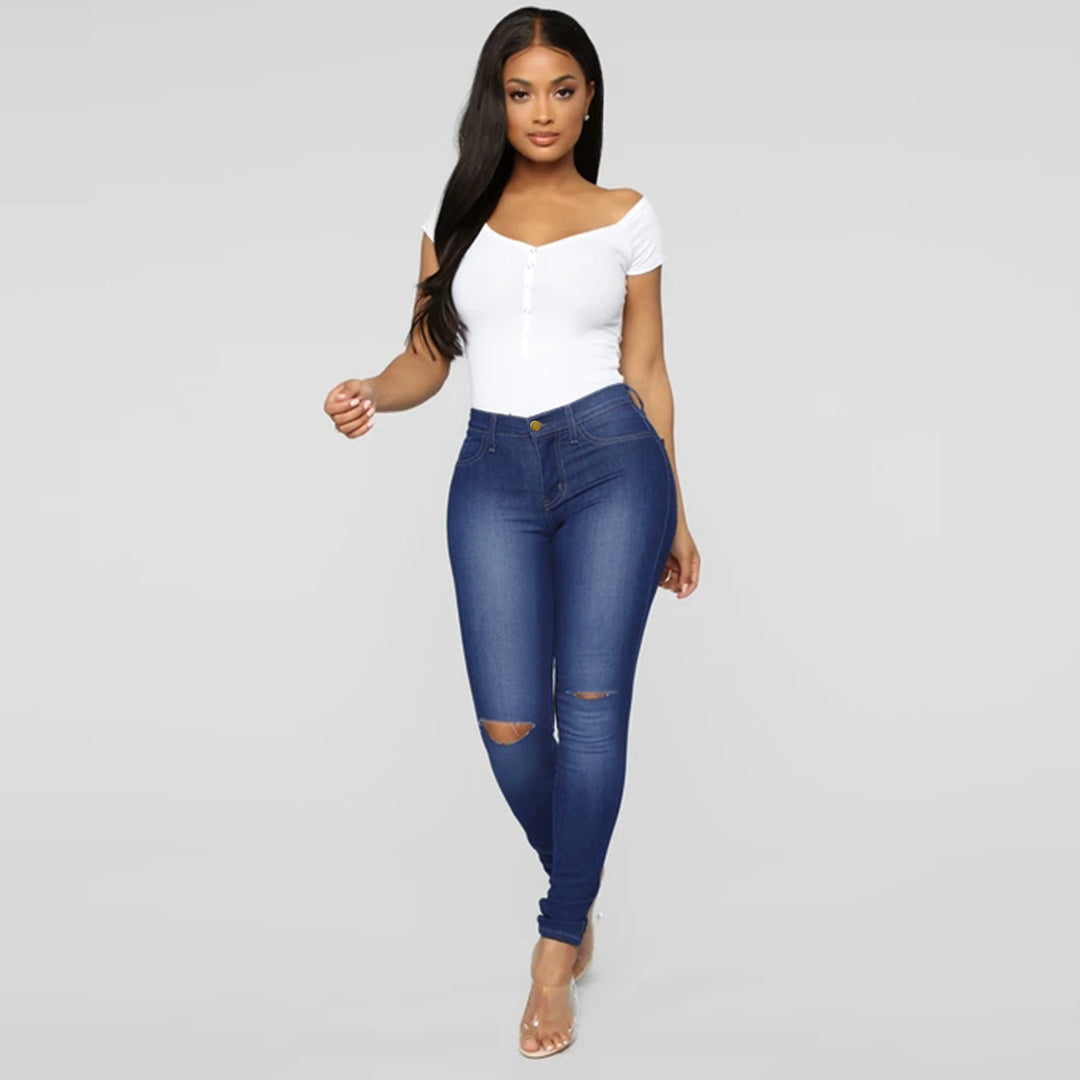 Women's High-Waist Skinny Jeans with Knee Rips and Figure-Flattering Cut Amarae