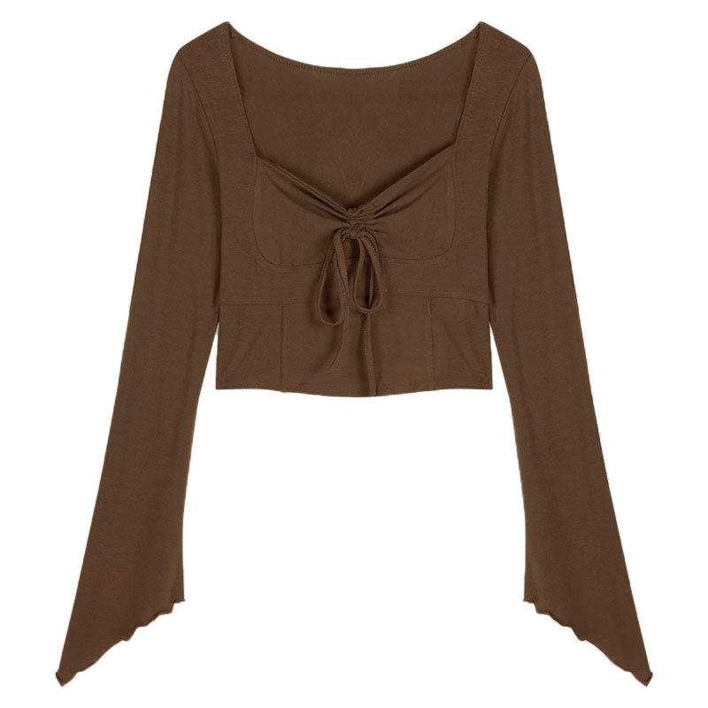 Women's Cropped Long Sleeve Shirt with Decorative Lacing and Casual Cut