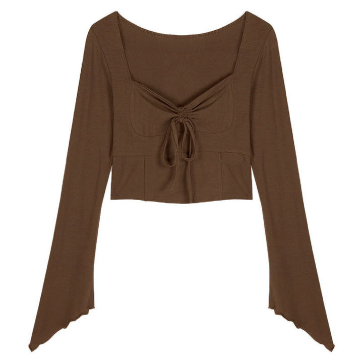 Women's Cropped Long Sleeve Shirt with Decorative Lacing and Casual Cut