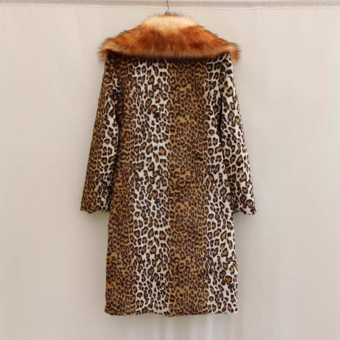 Women’s Longer Faux Fur Coat in Leopard Print with Large Fur Collar and Pocket Trim Amarae