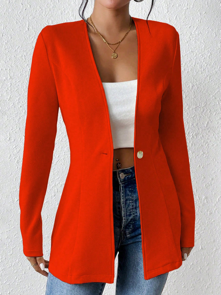 Ladies Tailored Long Blazer with V-Neck and One-Button Closure Amarae