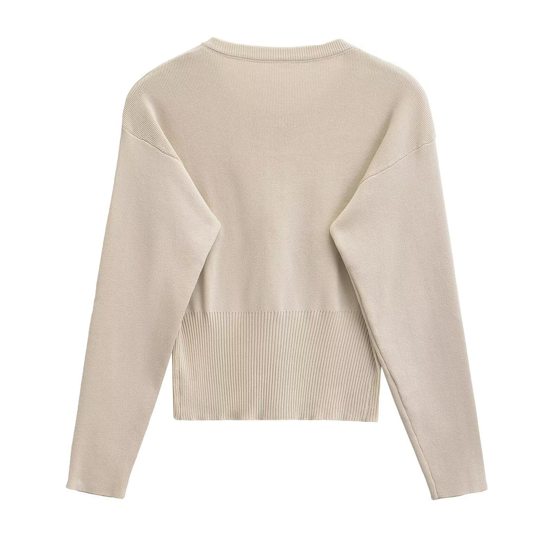 Women's Short Fine Knit Cardigan with Tailored Ribbed Waistband and Continuous Button Placket Amarae