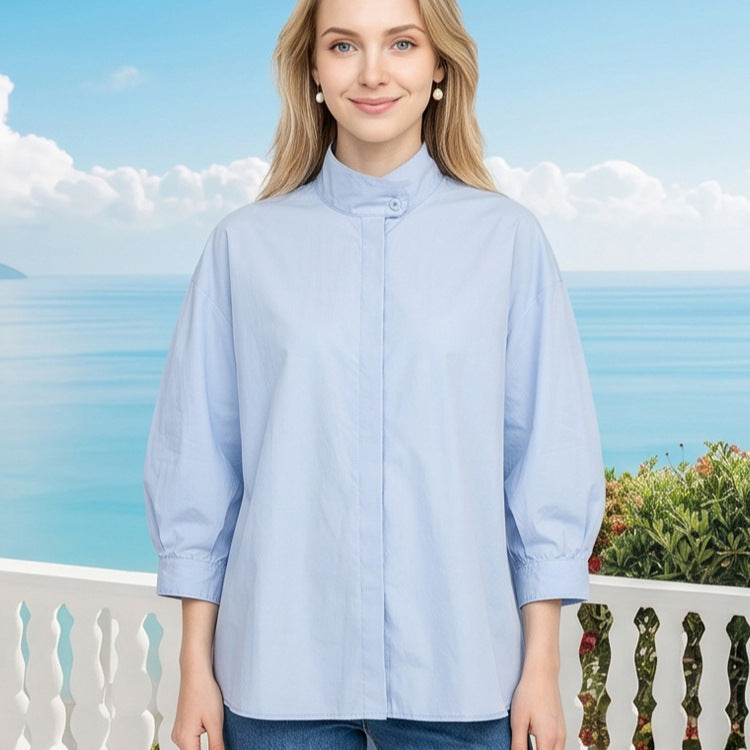 Women Oversize Blouse with concealed button placket, 3/4 sleeves and lightweight poplin quality Amarae