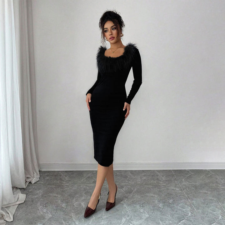 Robe midi pour femme avec décoration en plumes élégante et fente sur le côté Chic & Stil