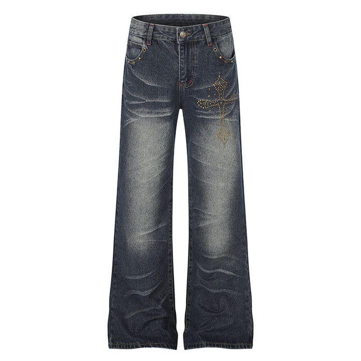 Women's Wide High-Waist Palazzo Jeans with Decorative Stone Cross Appliqué Amarae