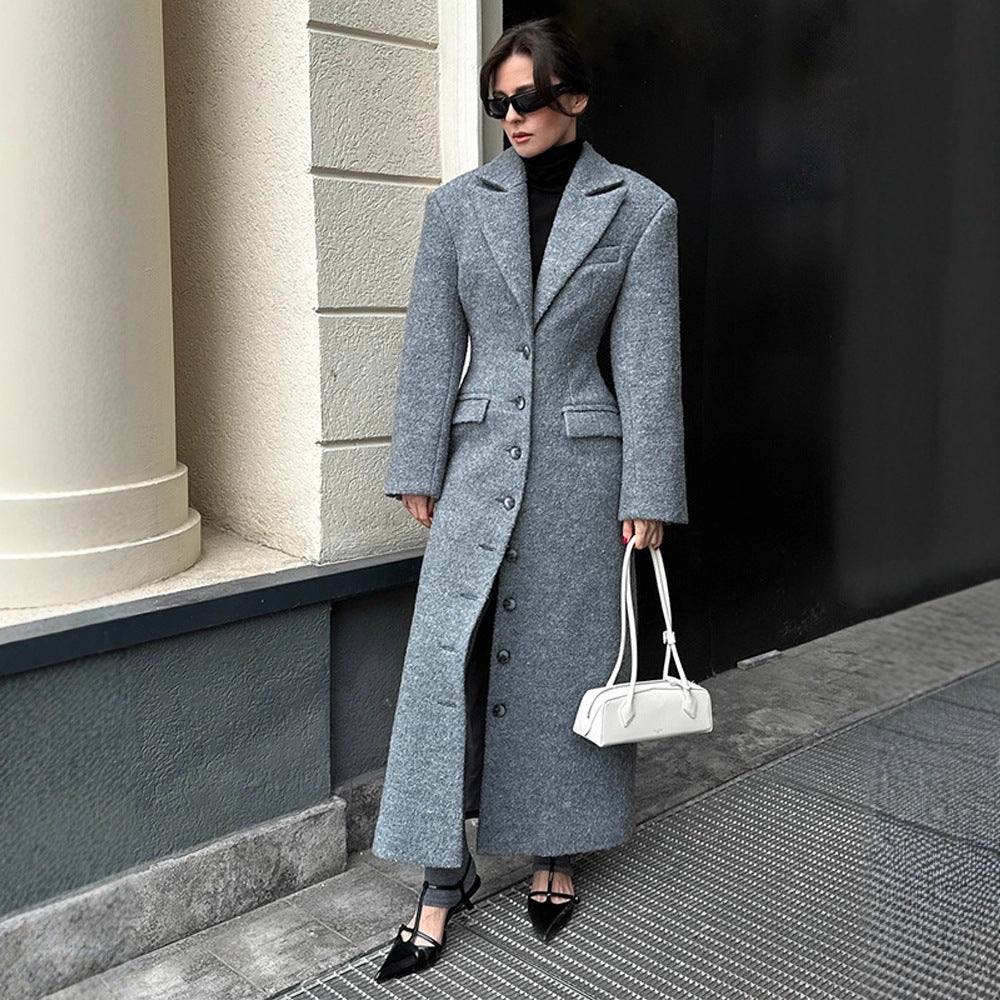 Women's Maxilength Wool Blend Coat with Tailored Cut and Button Placket Amarae