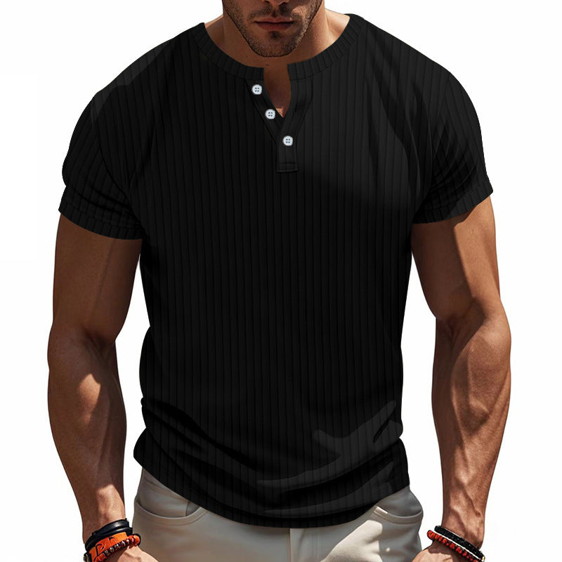 Men's Short Sleeve Henley T-Shirt with Striped Pattern and Convenient Buttons Lune London