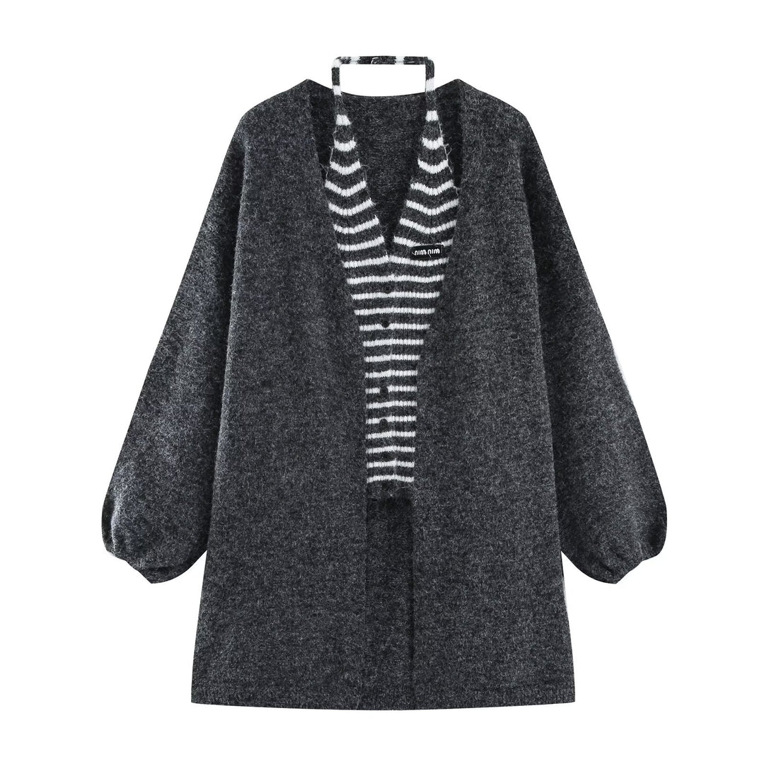 Women's Oversized Knit Cardigan with Balloon Sleeves and Striped Trim Button Placket Amarae