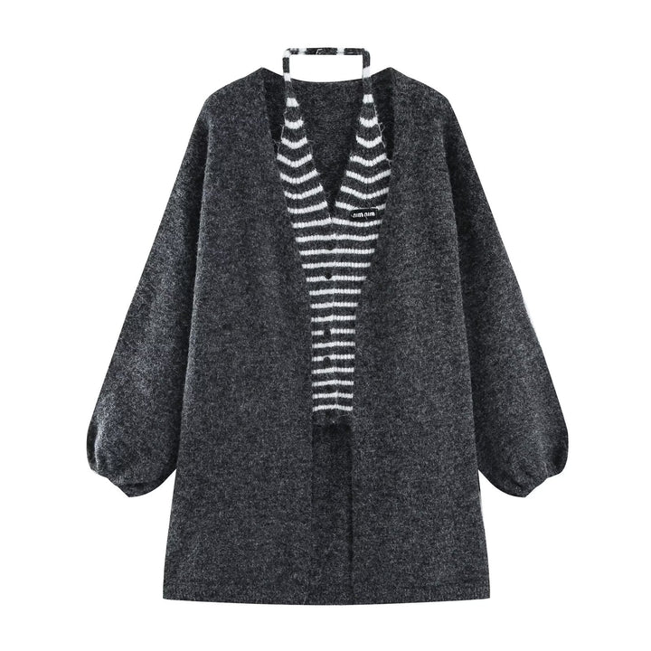 Women's Oversized Knit Cardigan with Balloon Sleeves and Striped Trim Button Placket Amarae