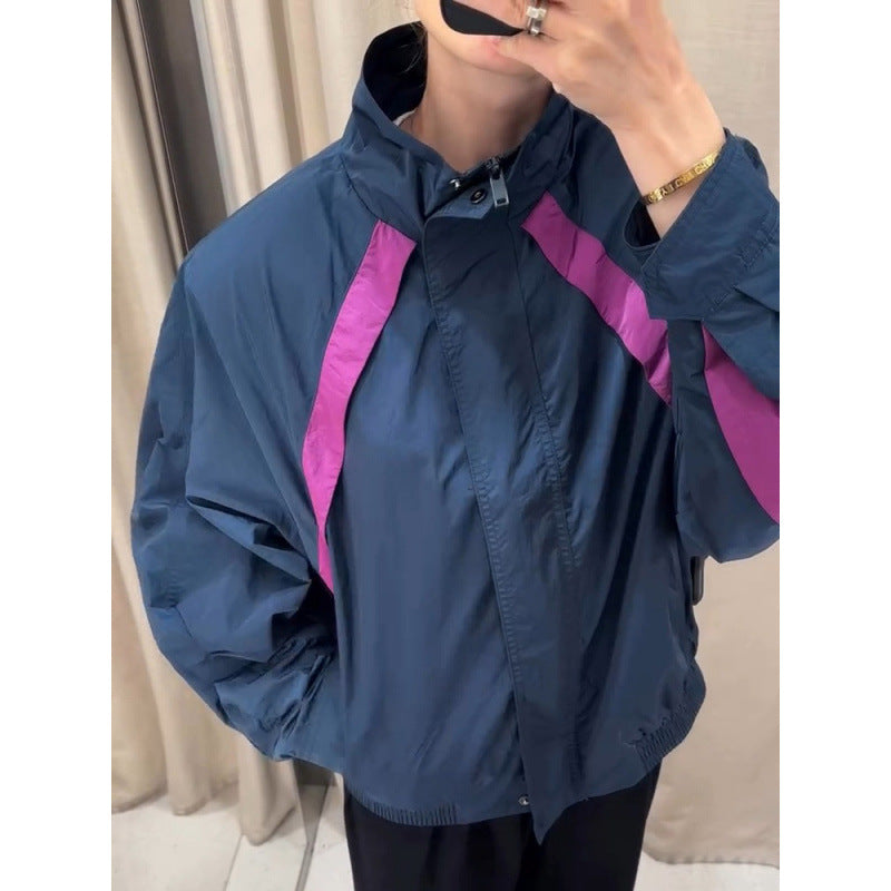 Women's Lightweight Oversized Windbreaker with High Stand-Up Collar and Contrast Stripes Amarae
