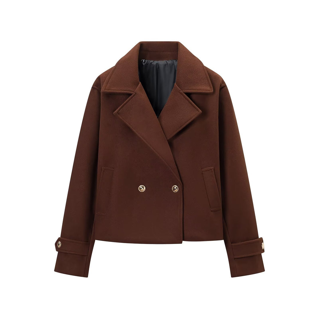Women Short Double-Breasted Wool Mix Short Coat with Large Lapels, Roll-Up Cuffs and Flap Pockets Amarae