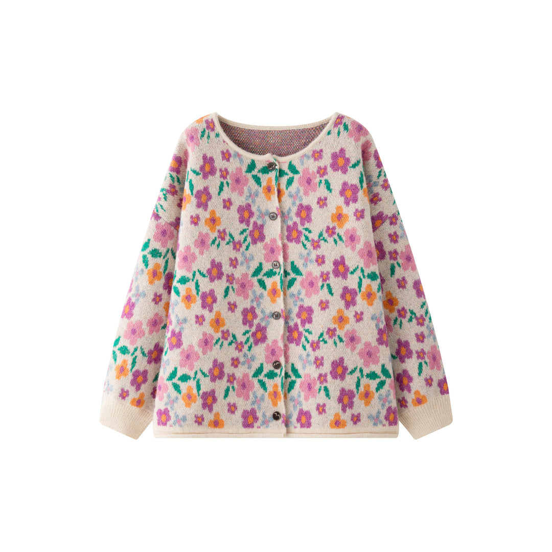 Women's Chunky Knit Button Cardigan in Floral Jacquard with Fluffy Mohair Look Amarae