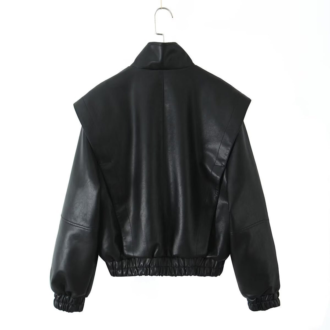 Ladies stylish faux leather jacket with high collar and elastic hem Lune London