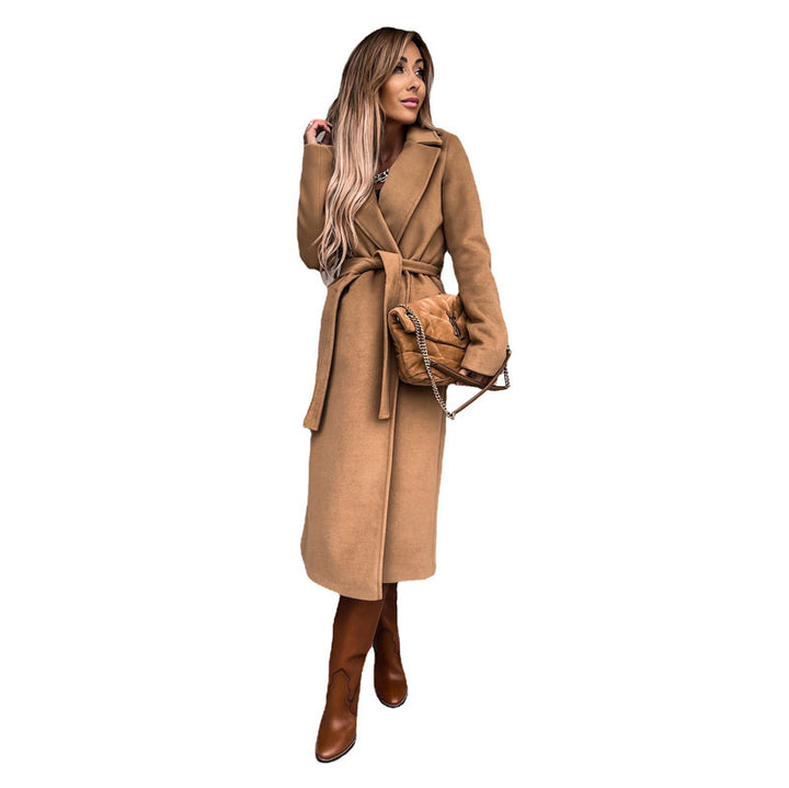Ladies Elegant Long Coat with Waist Belt and Slim Chic Cut and Style