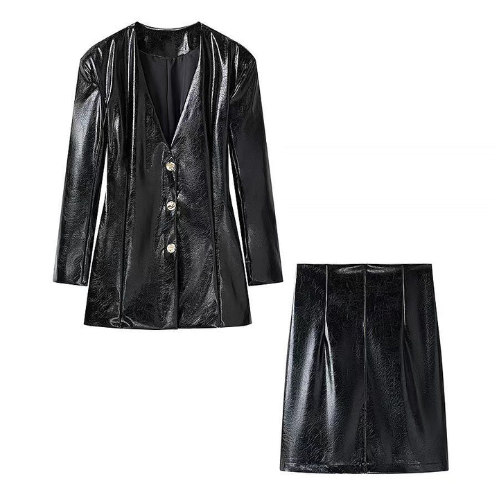 Women Short Faux Patent Leather Skirt with Straight Silhouette and Center Seam Amarae
