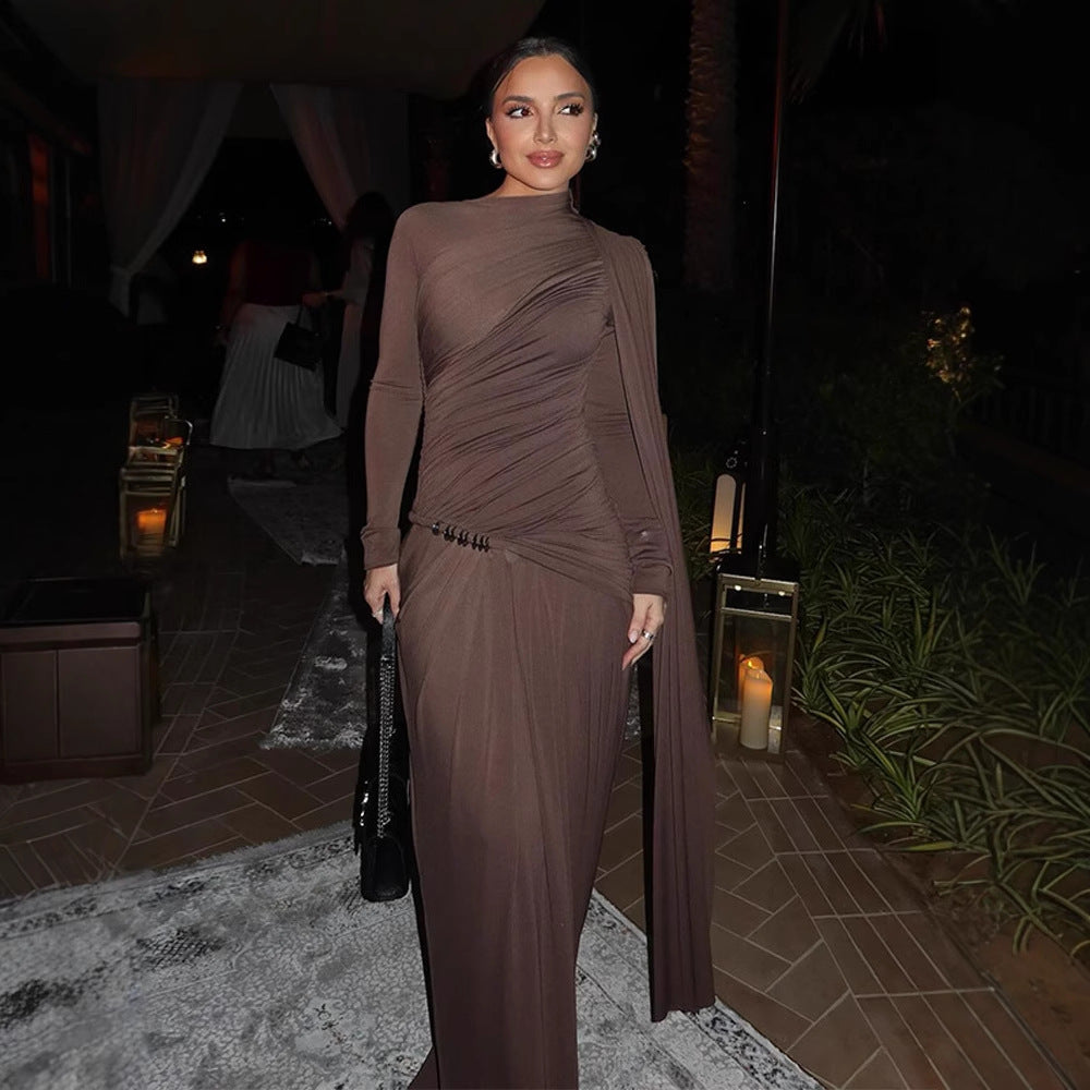 Women's figure-hugging evening dress with asymmetrical draping, gathered bodice and long draped bow Amarae