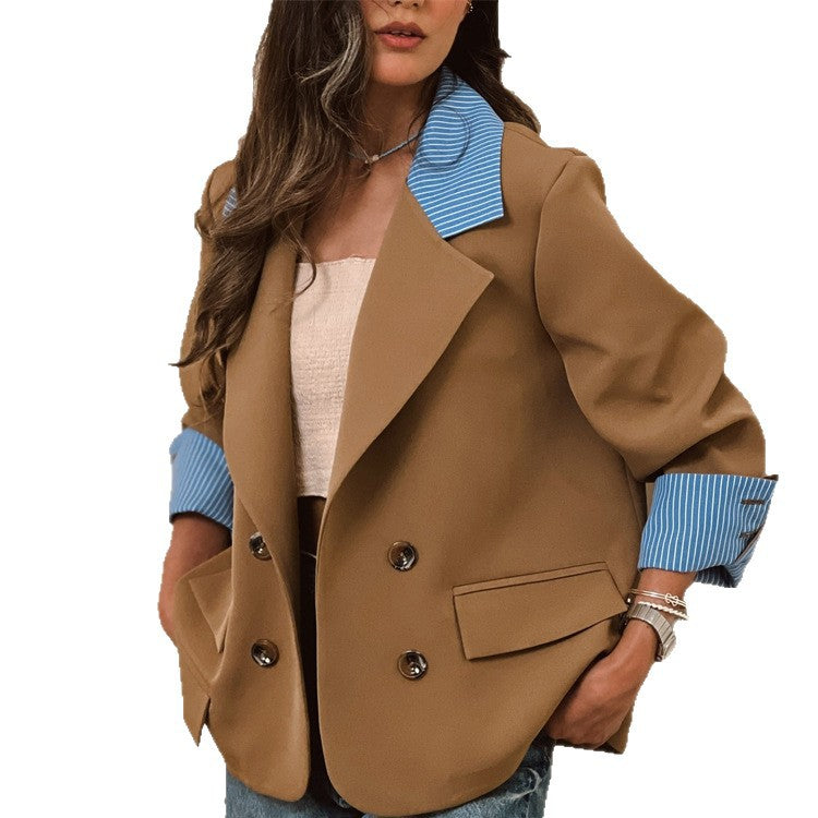 Women Oversized Double-Breasted Blazer with Contrast Collar & Cuffed Sleeves Amarae