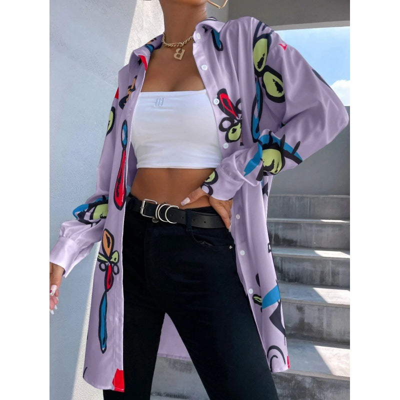 Women's Oversized Long Blouse with Pop Art Print, Shirt Collar and Continuous Button Placket Amarae