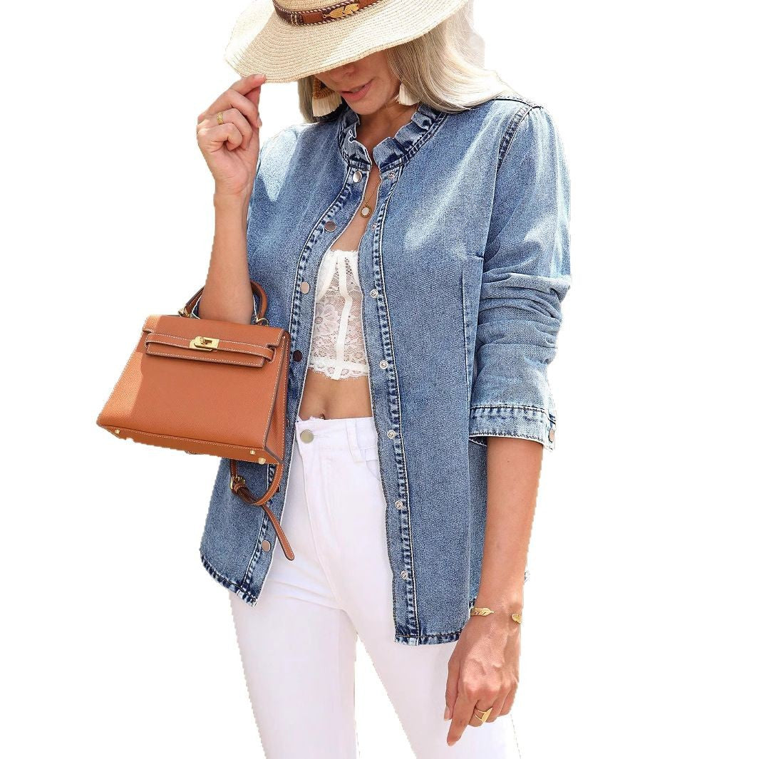 Women's Casual Long Denim Shirt Jacket with Stand Collar and Metal Button Placket Amarae