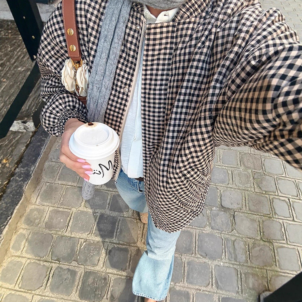 Women's Oversize Checked Bomber Jacket with Standing Collar and Concealed Snap Placket Amarae