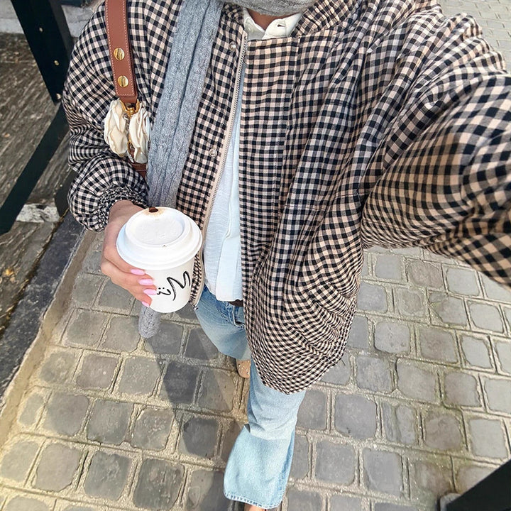 Women's Oversize Checked Bomber Jacket with Standing Collar and Concealed Snap Placket Amarae