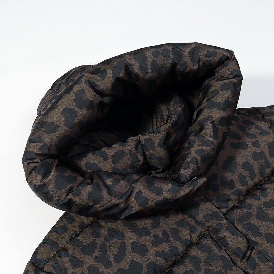 Women's Short Quilted Oversized Down-Effect Jacket with High Funnel Neck and Leopard Print Amarae