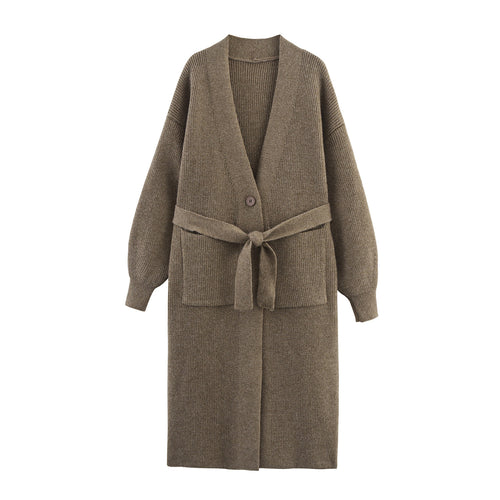 Ladies Long Knit Cardigan With Belt And Pockets Amarae