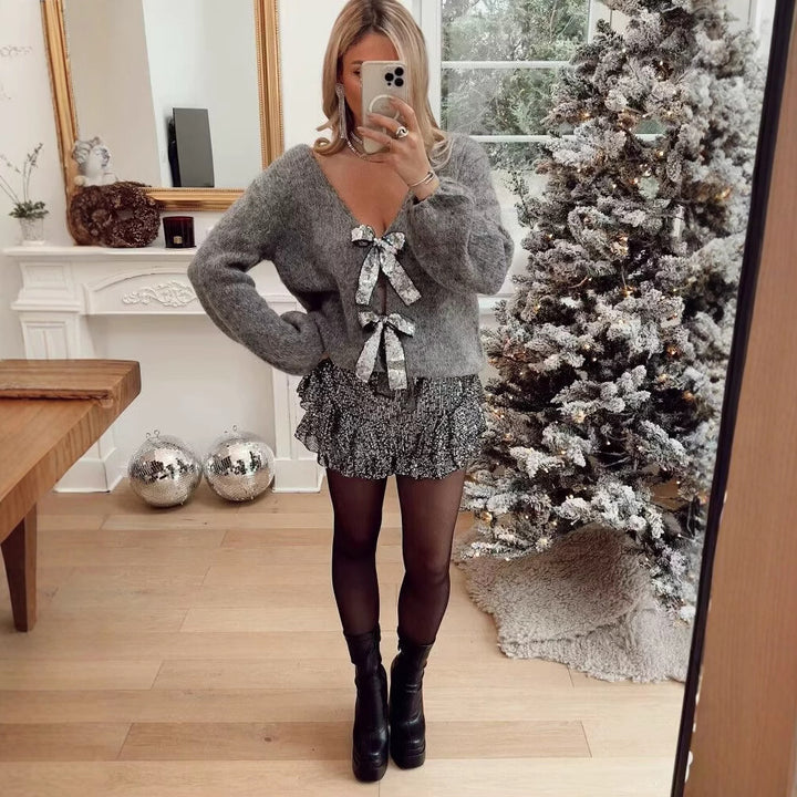 Women Chunky Knit Cardigan with Sequin Bows and V-Neck Amarae