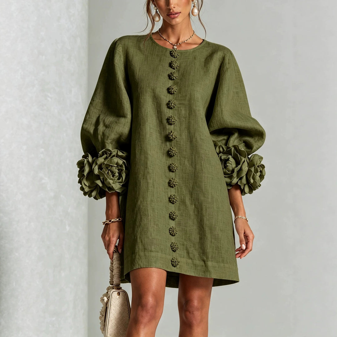 Ladies linen dress in A-line cut with balloon sleeves and 3D flower decoration Amarae