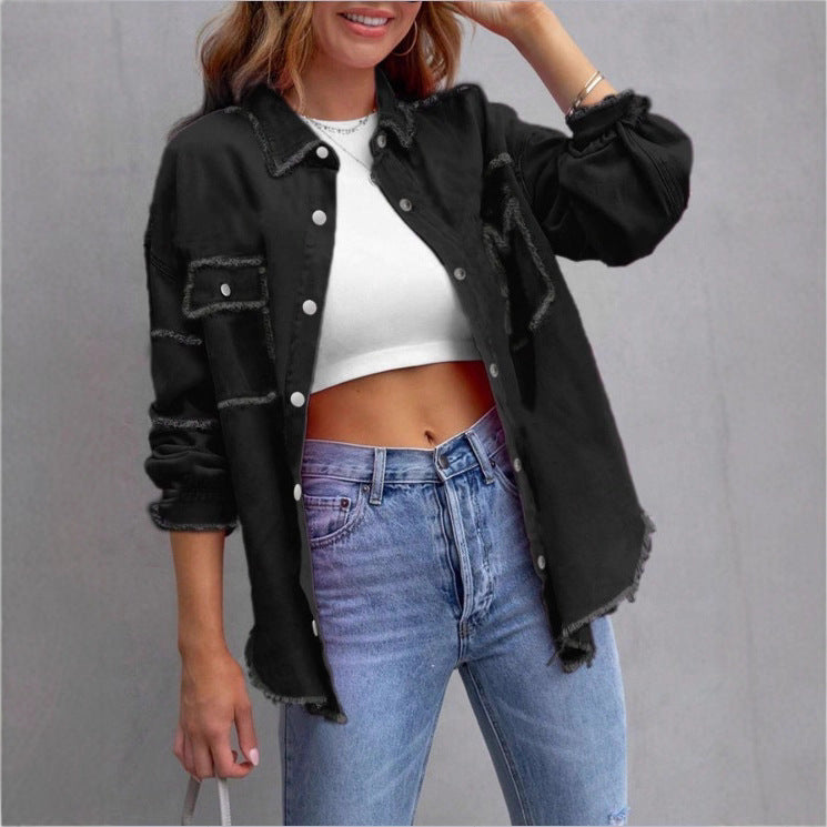 Women's Oversized Denim Utility Jacket with Frayed Edges and Flap Pockets Amarae