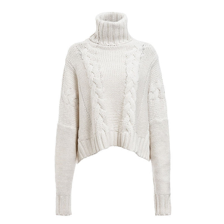 Chunky knit sweater for women with high collar and unique cable design Lune London