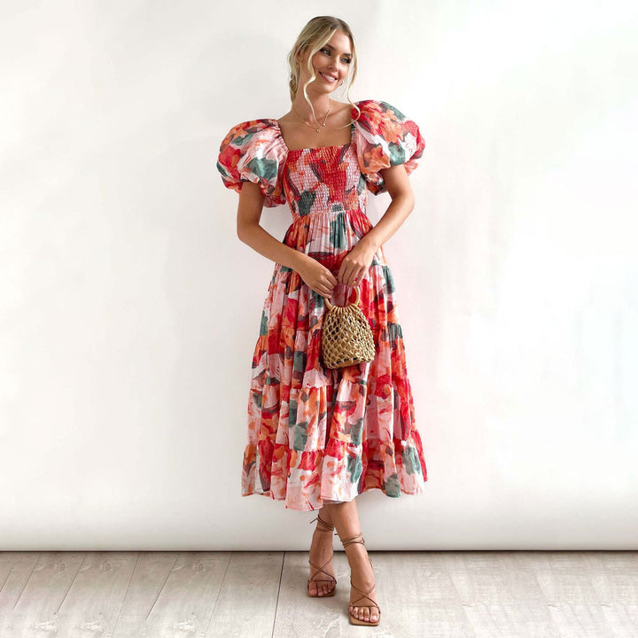 Ladies Floral Puff Sleeve Midi Dress Lune London