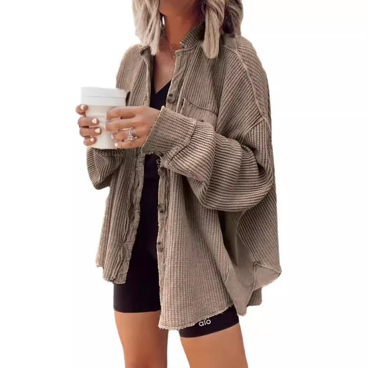 Ladies Casual Waffle Knit Jacket with Practical Pockets and Chic Button Details and Style